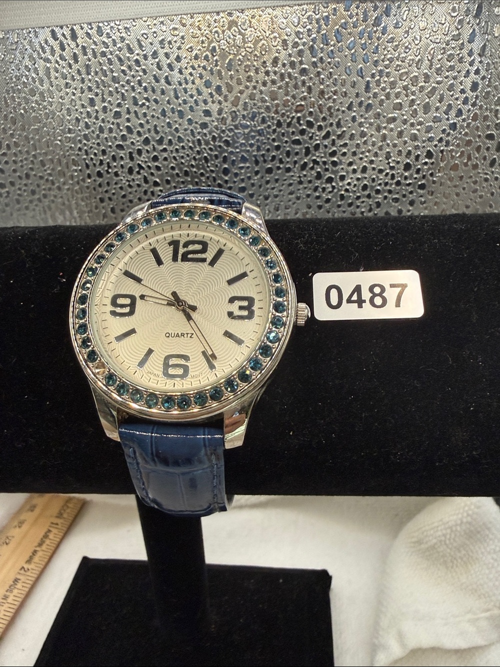 Avon Silver-Tone Watch with Blue Crystal Bezel and Leather Blue Strap